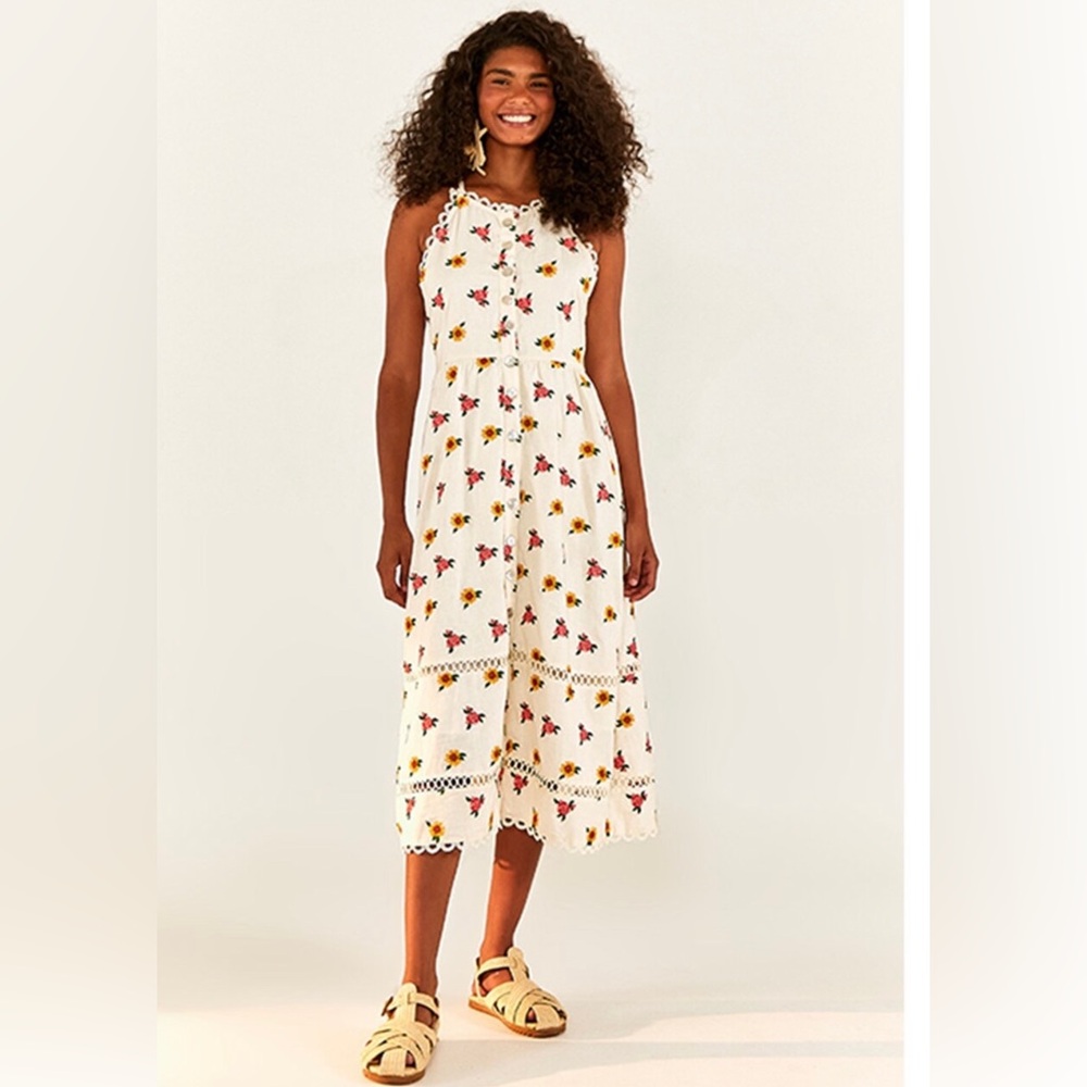 Farm Rio - nwt - linen-blend midi dress. Embroidered with cross-stitch flowers
